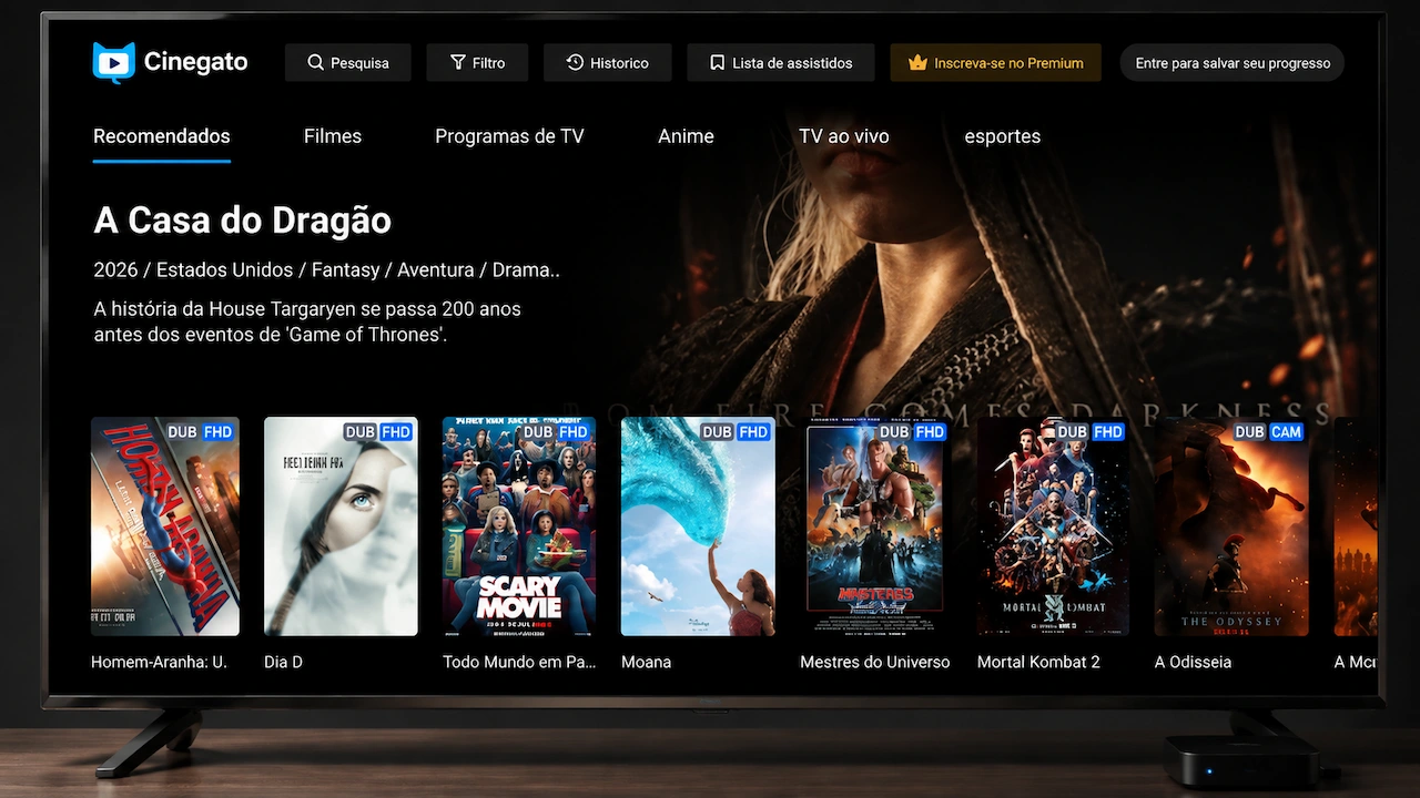 Cinegato TV rodando em TV Box com Android