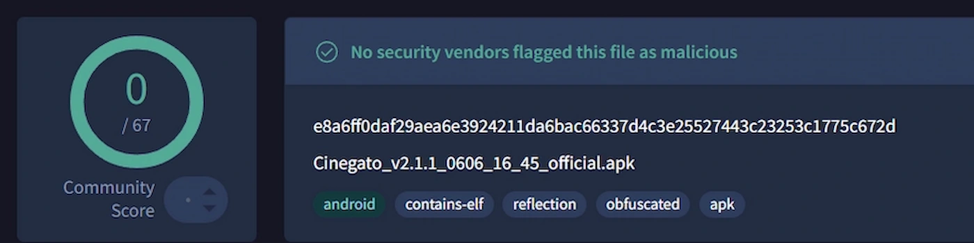 Resultado da verificação do Cinegato APK no VirusTotal