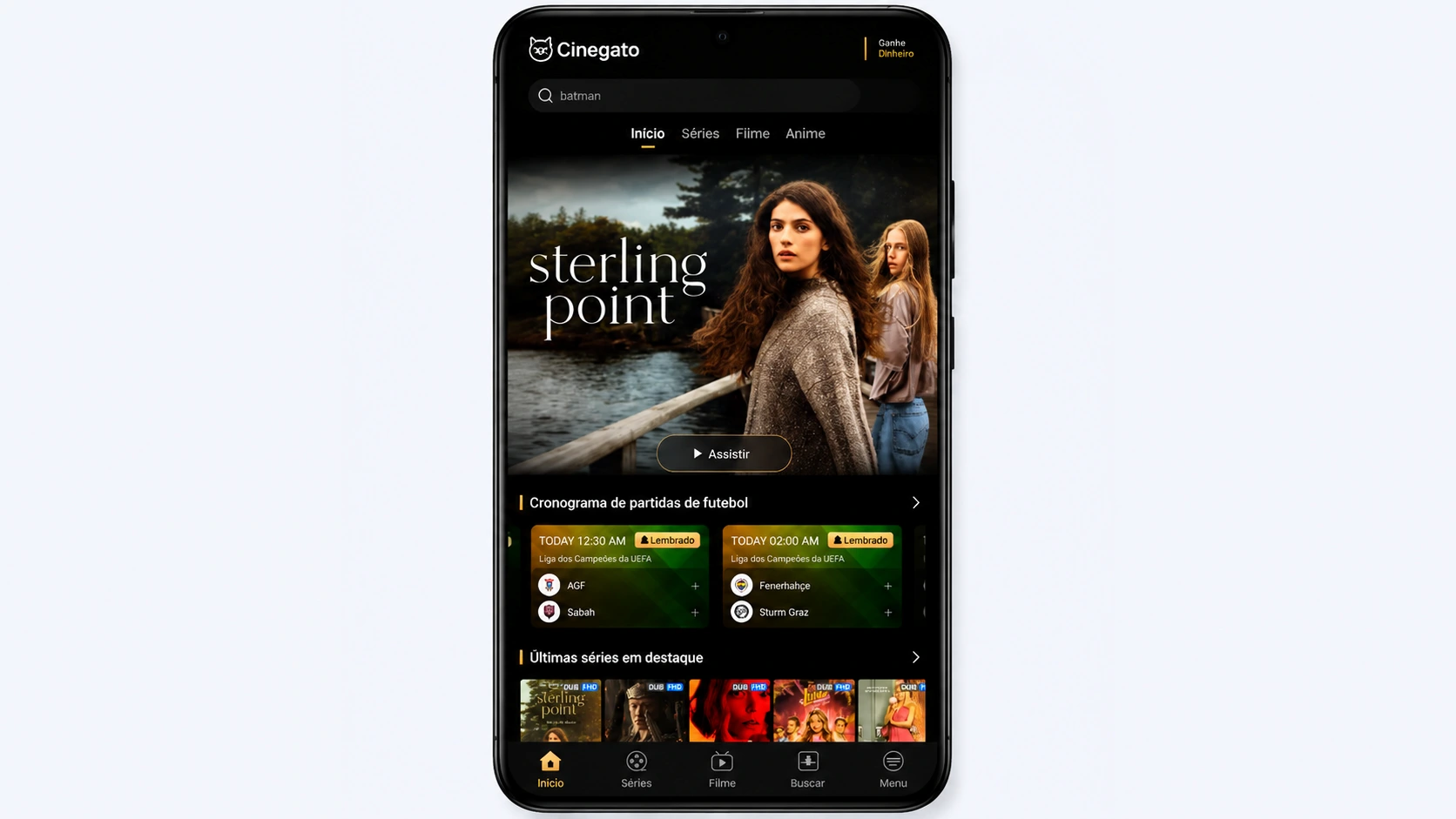 Tela inicial do Cinegato após a instalação no Android