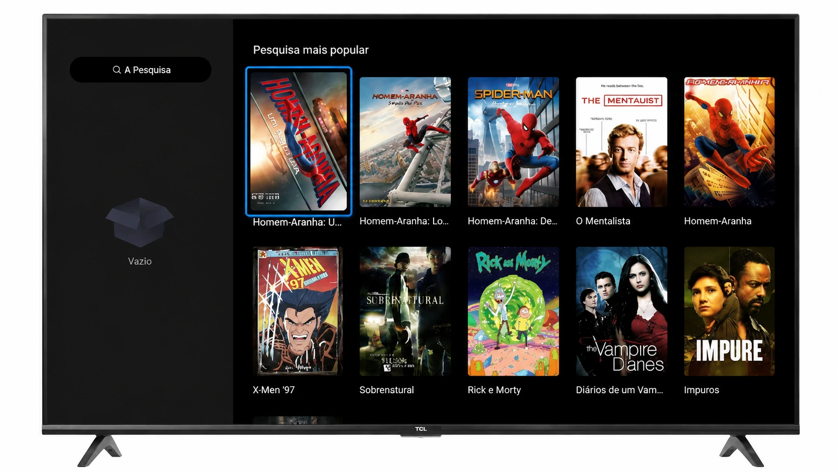 Tela inicial do Cinegato TV em uma TV Box